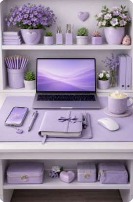 Mesa de trabalho lilás com notebook, agenda e organizadores